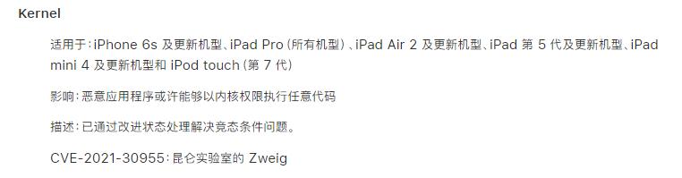 CVE-2021-30937 内核漏洞 iOS 15_iOS 15.1.1 漏洞 CVE-2021-30955 越狱_ipad 1越狱教程